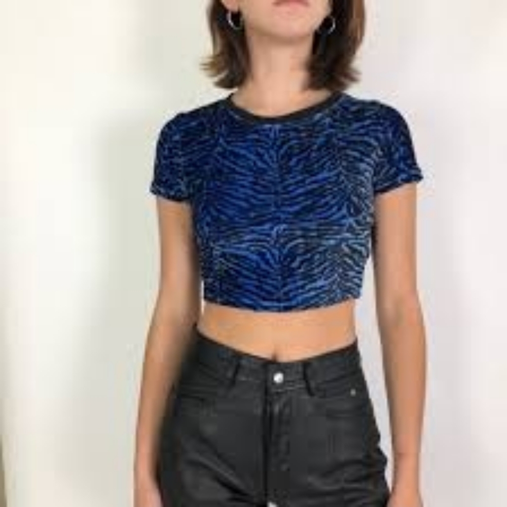 Urban Outfitters Blue & Black Crushed Velvet Zebra Crop Top size Medium
